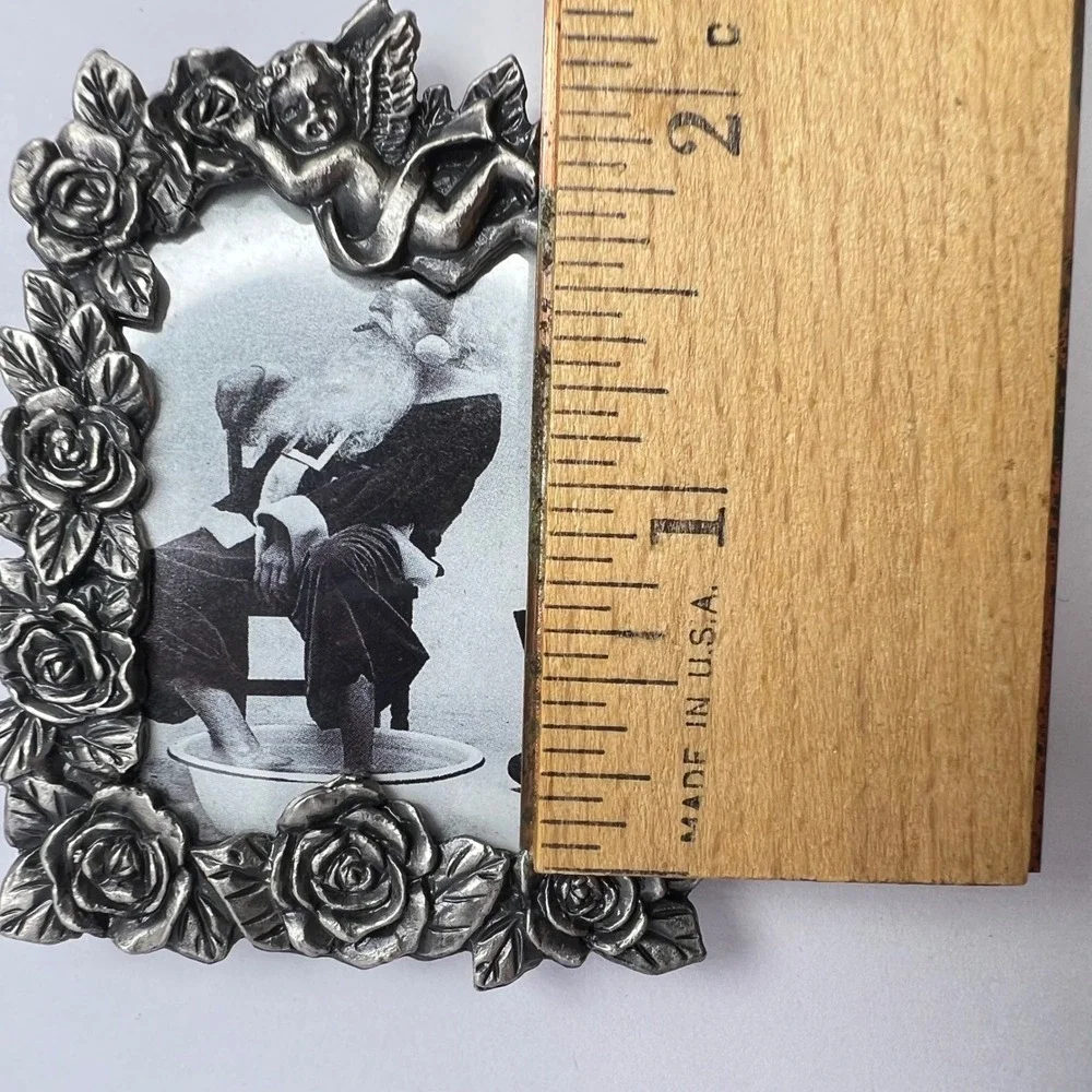 Vintage Mini Picture‎ Frame Silver Rose Cherub Small Pewter Tone Floral Decor